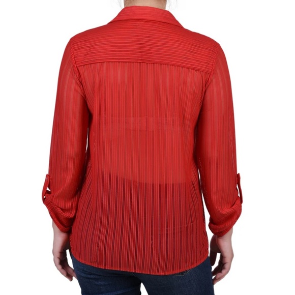 NY Collection Red 3/4 Sleeve Button Down Shirt - Picture 3 of 7